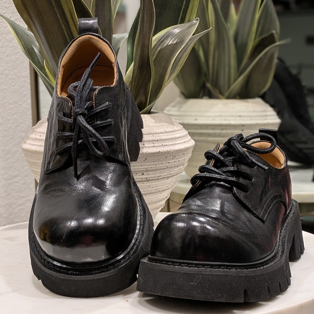 Beau Today Chunky Lug Sole Oxford Women 6.5 Black Leather Platform Derby HW21987